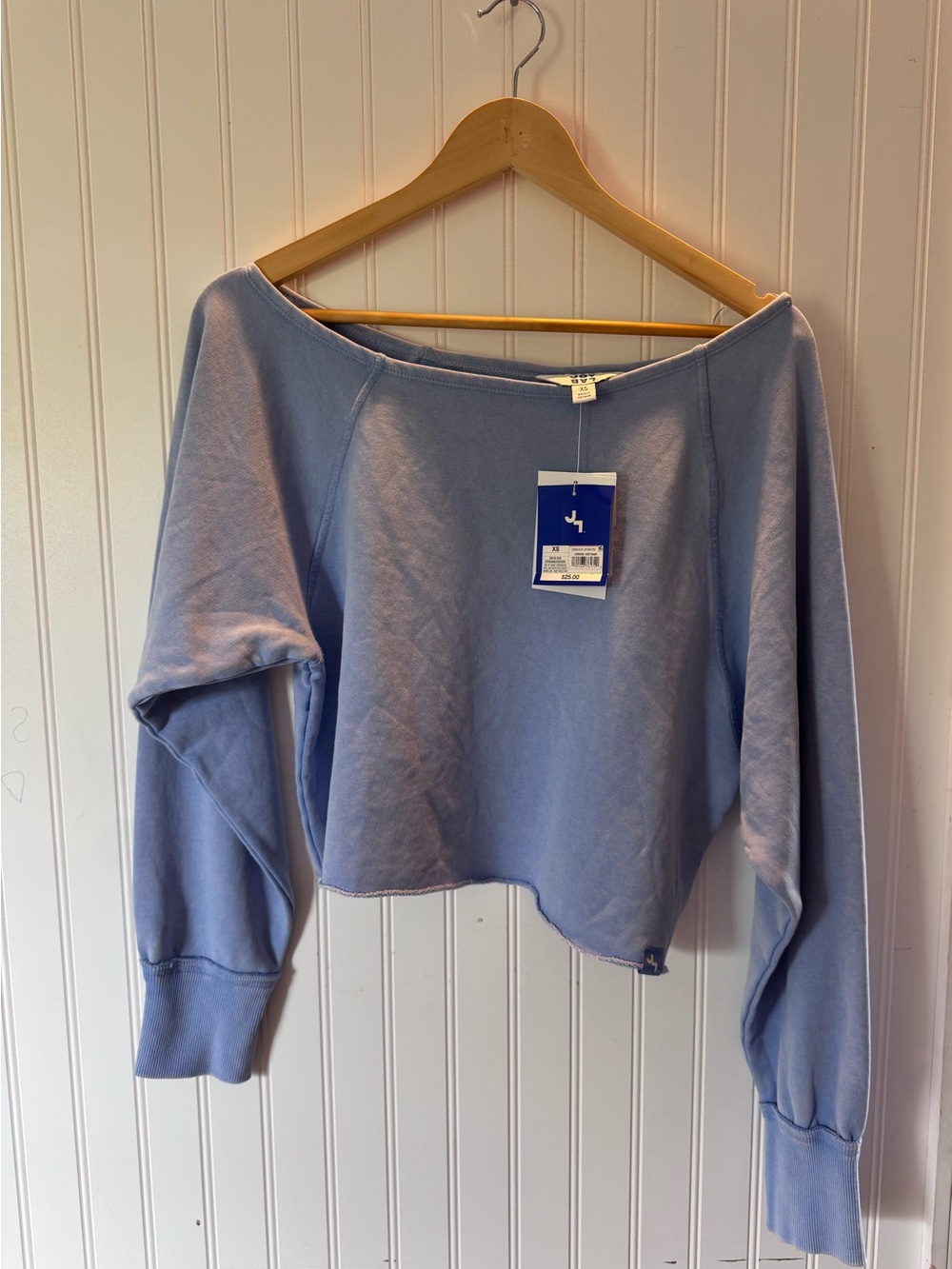 Light Blue Cropped off the shoulder Sweatshirt with Tag